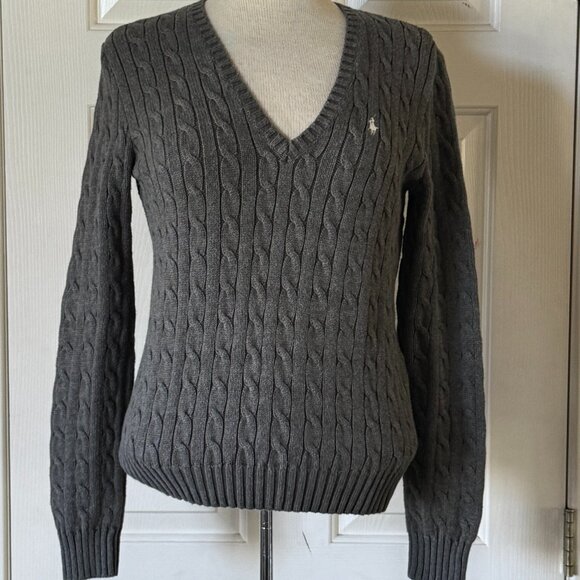 Ralph Lauren Sport Polo Pony Logo V-Neck Cable Knit Pullover Women's Sweater - Picture 1 of 6